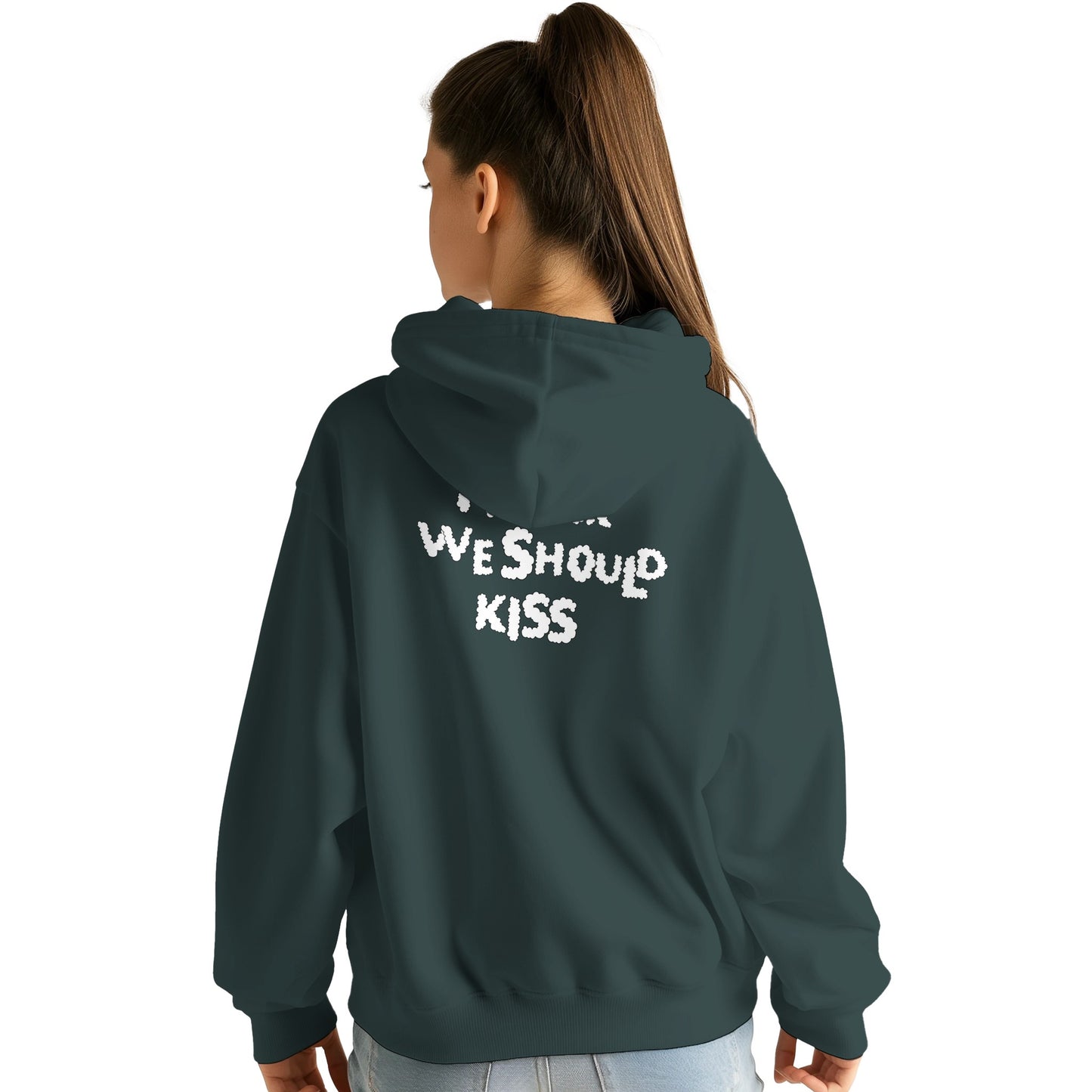 Back view of a charcoal hoodie worn by a female model, featuring black handwritten-style text that reads "I think we should kiss." A cozy and playful design perfect for casual and romantic vibes.