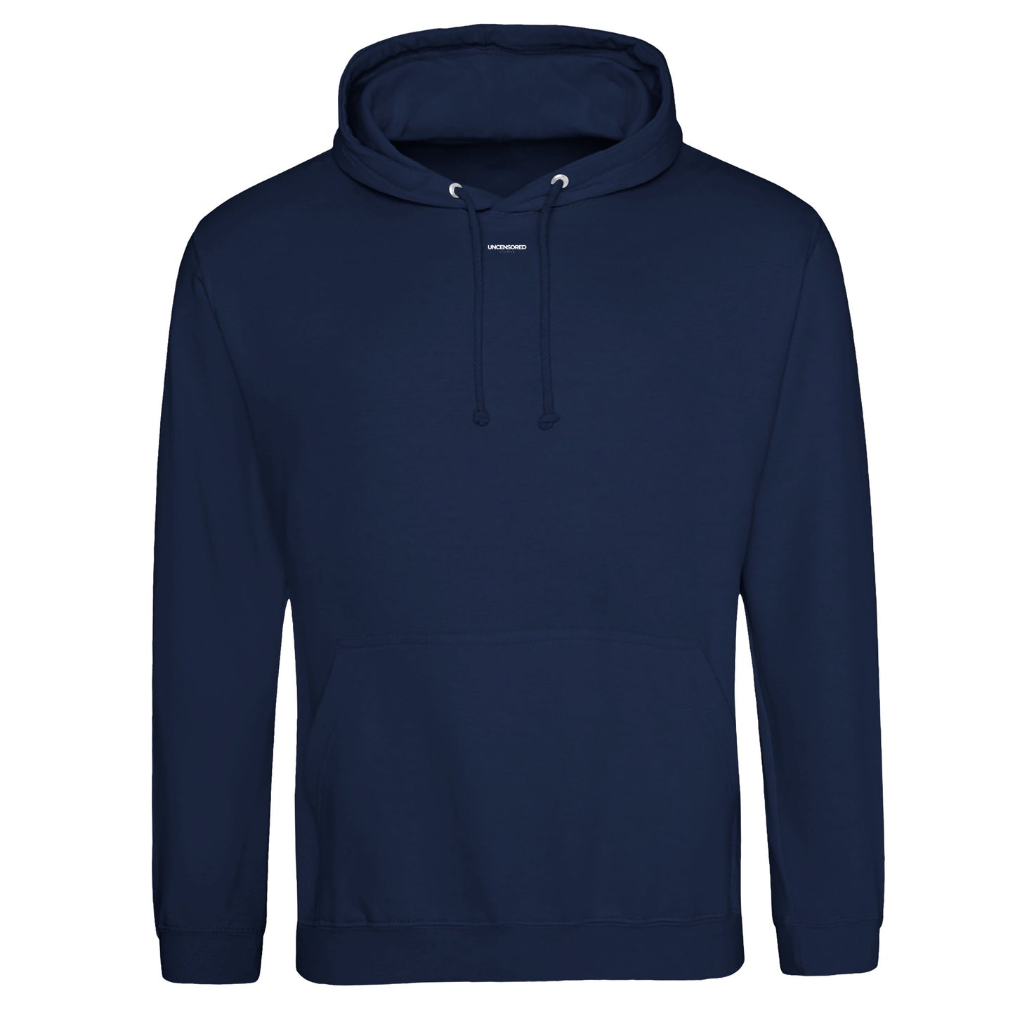 Front view of a navy blue hoodie with a minimalist design, featuring a small, white "Uncensored" logo centered below the neckline. A clean and versatile streetwear essential with a subtle branding touch.