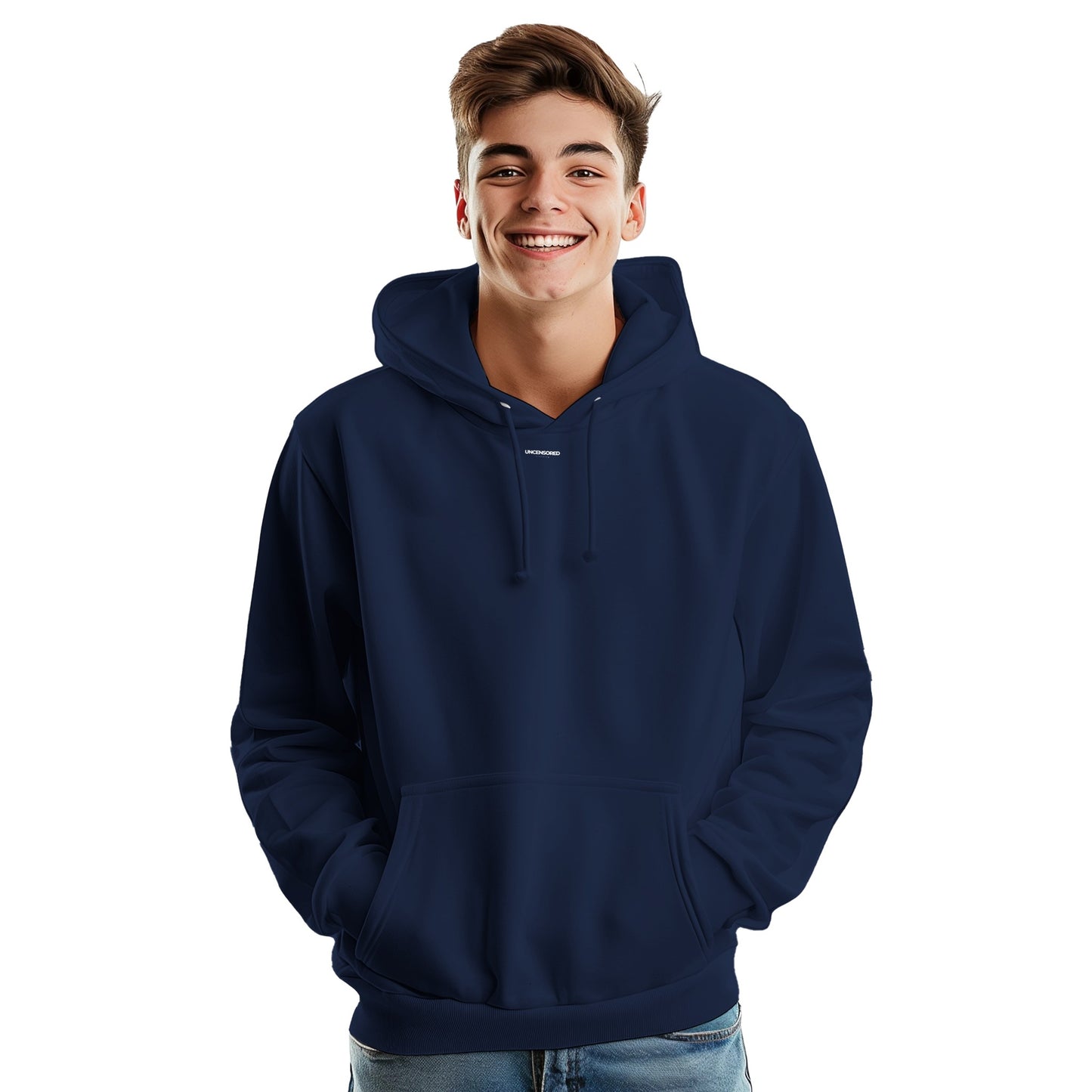 Front view of a navy blue hoodie worn by a smiling model. The hoodie features a minimalist "Uncensored" logo below the neckline, a drawstring hood, and a spacious front pocket. A clean and stylish streetwear essential.