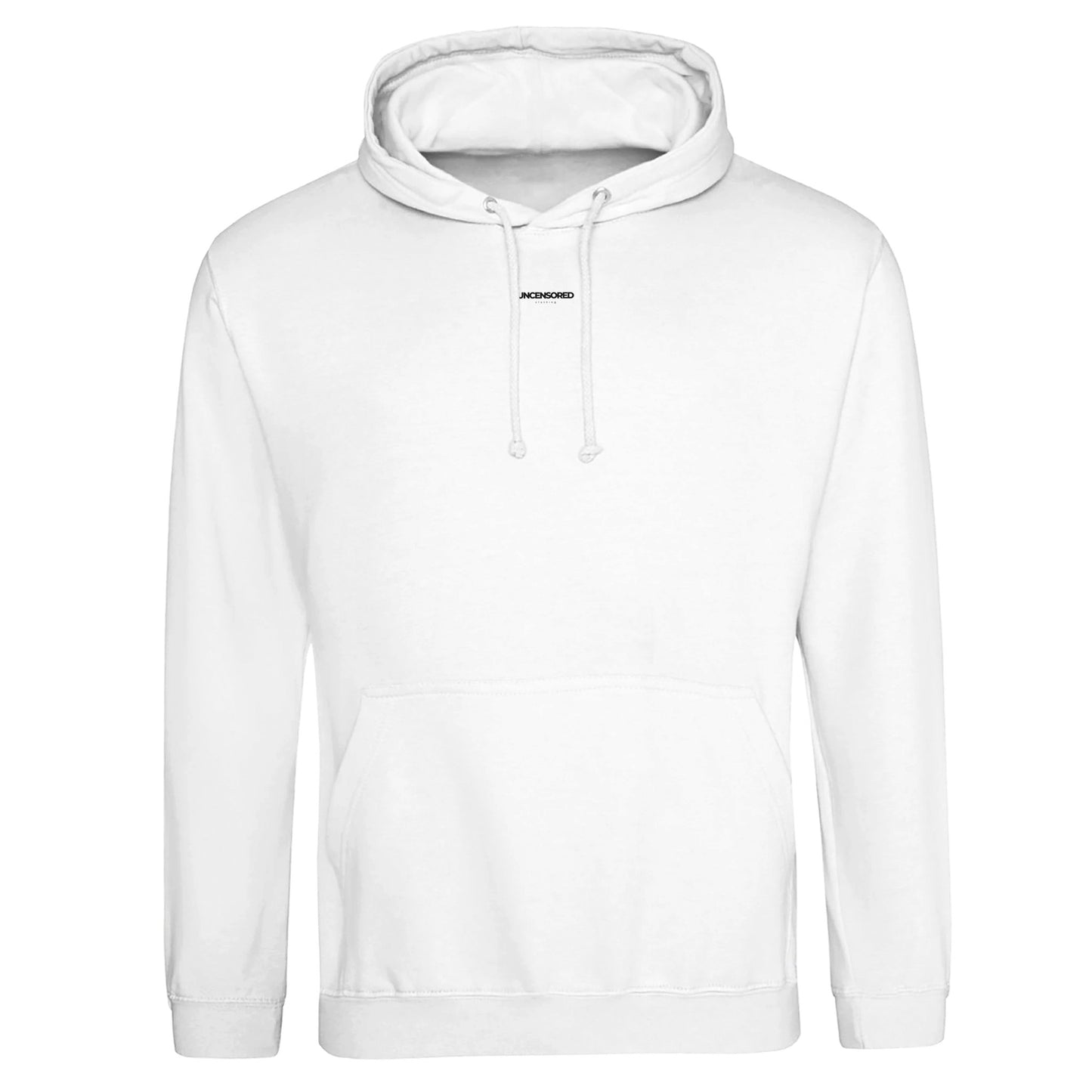 Front view of a white hoodie with a minimalist design, featuring a small "Uncensored" logo centered below the neckline. A clean and versatile streetwear essential with a subtle branding touch.