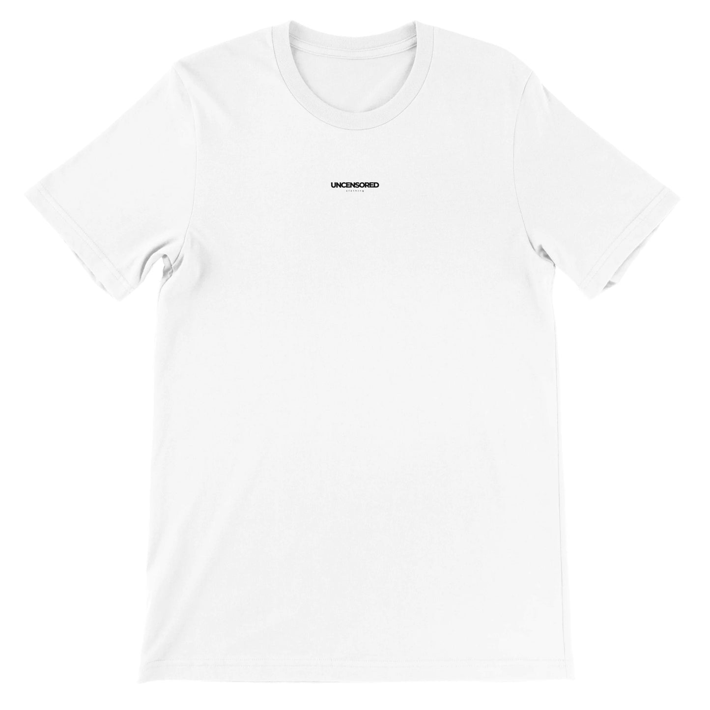 Minimal white T-shirt with small “UNCENSORED Clothing” logo printed on the chest.
