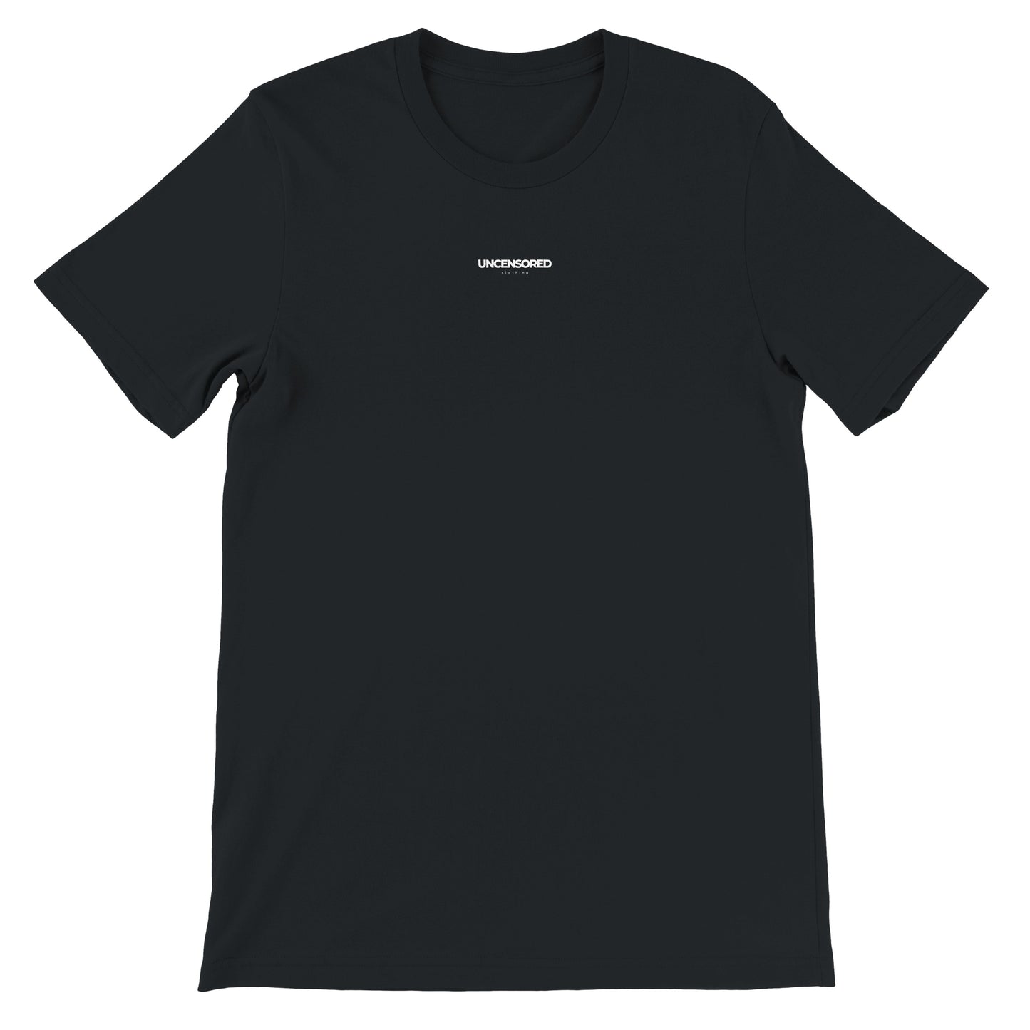 Black t-shirt with a small white logo on a white background