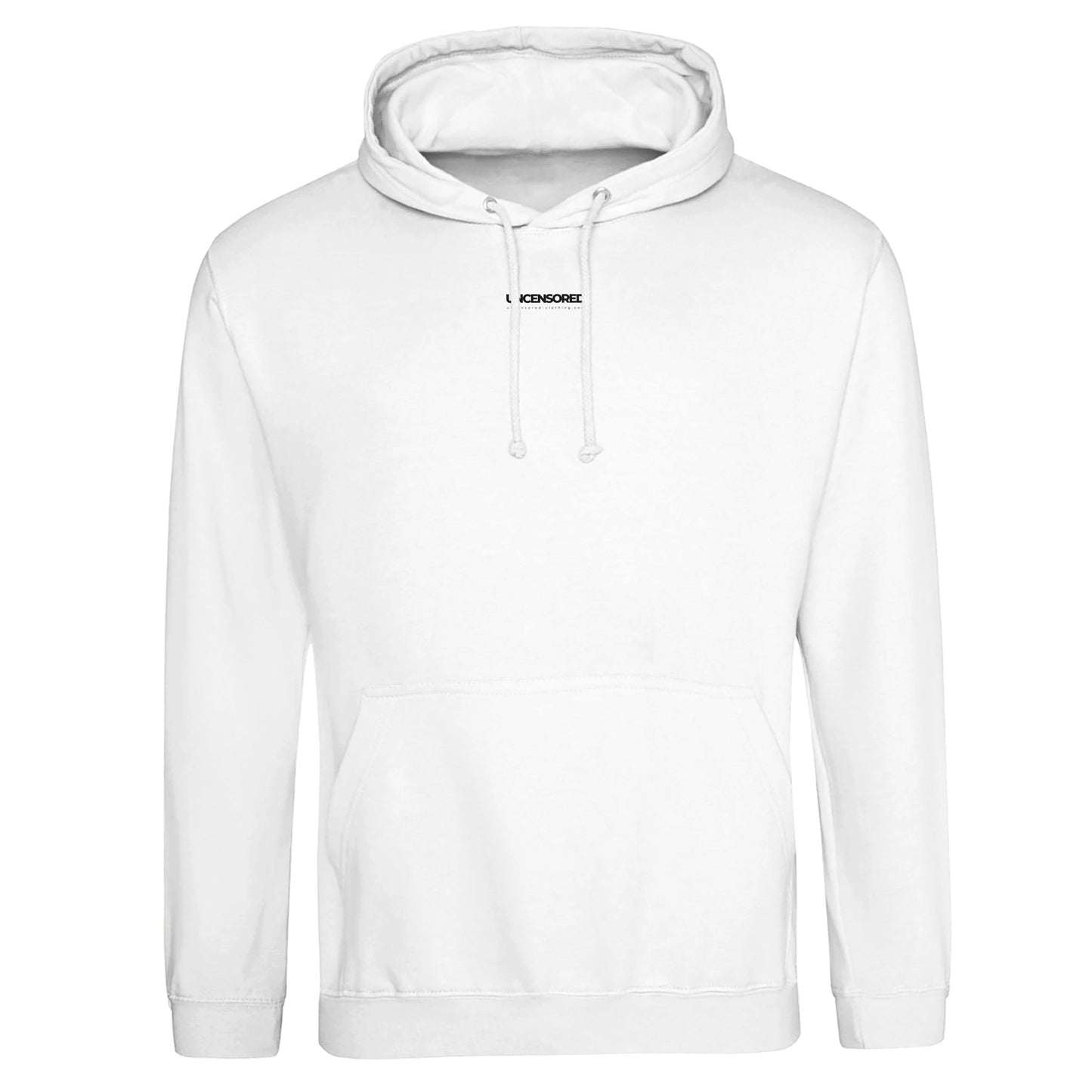 A plain white hoodie featuring a small "UNCENSORED" logo printed in black on the center chest. The hoodie has a front kangaroo pocket, an adjustable drawstring hood, and ribbed cuffs and hem. It is displayed against a white background.