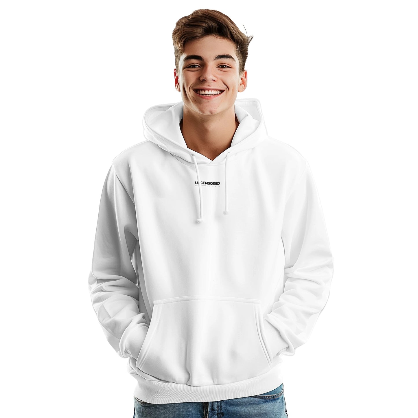 A young man wearing a white hoodie featuring a small black "UNCENSORED" logo on the upper chest. The hoodie has a relaxed fit, a front kangaroo pocket, and an adjustable drawstring hood. He is smiling and posing with his hands in the pockets against a plain white background.
