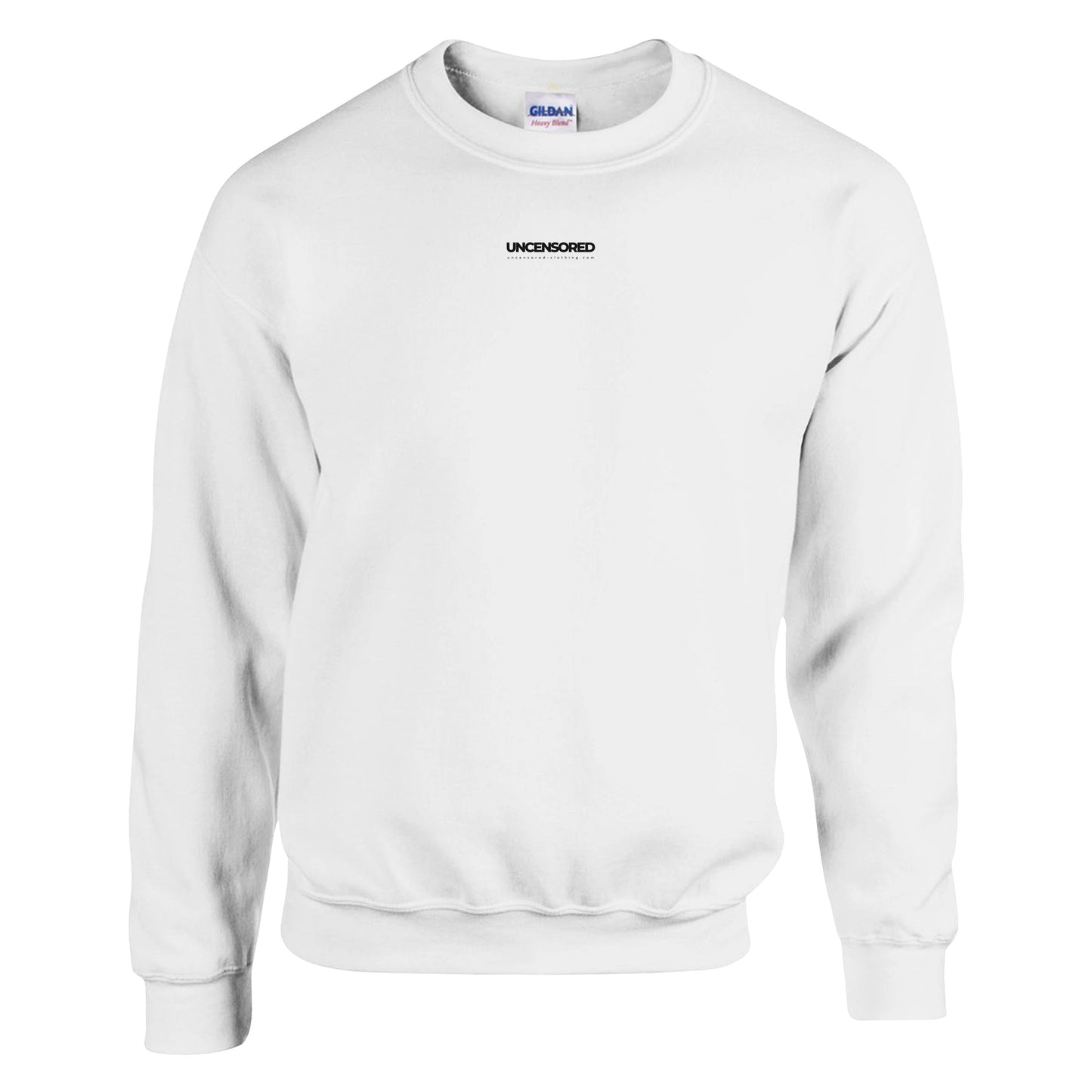 A classic white crewneck sweatshirt featuring a small black "UNCENSORED" logo centered on the upper chest. The sweatshirt has a relaxed fit, ribbed cuffs, and a ribbed waistband, providing a clean and minimalistic design.