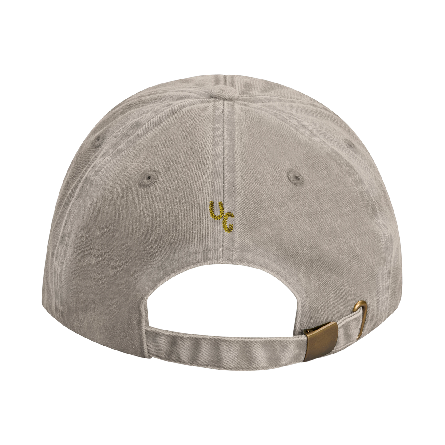 Beige baseball cap with yellow gold embroidery that reads 'Stop Dating People Who Don’t Get Your Music' on the front. Casual unisex design. Viral statement. Back view.