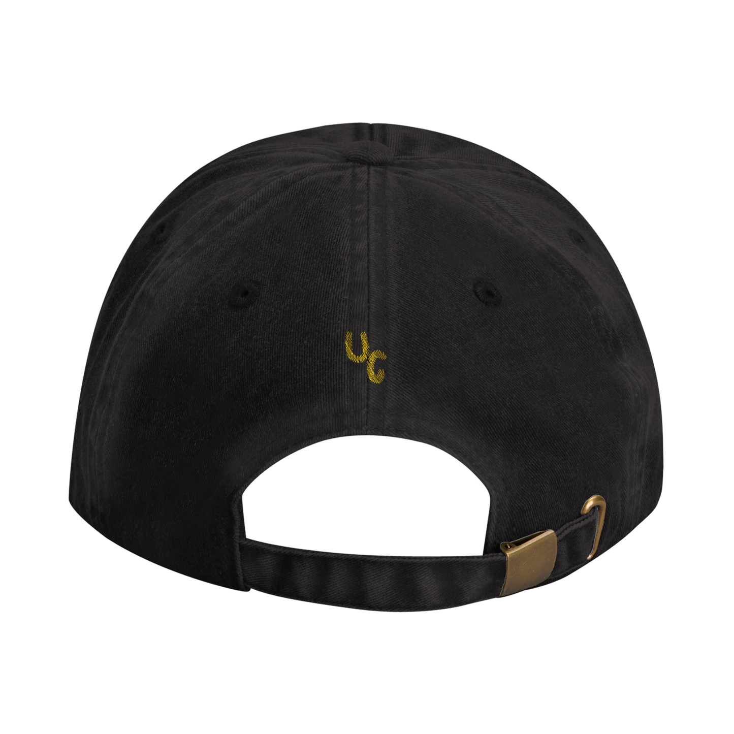 Black baseball cap with yellow gold embroidery that reads 'Stop Dating People Who Don’t Get Your Music' on the front. Casual unisex design. Viral statement. Back view.