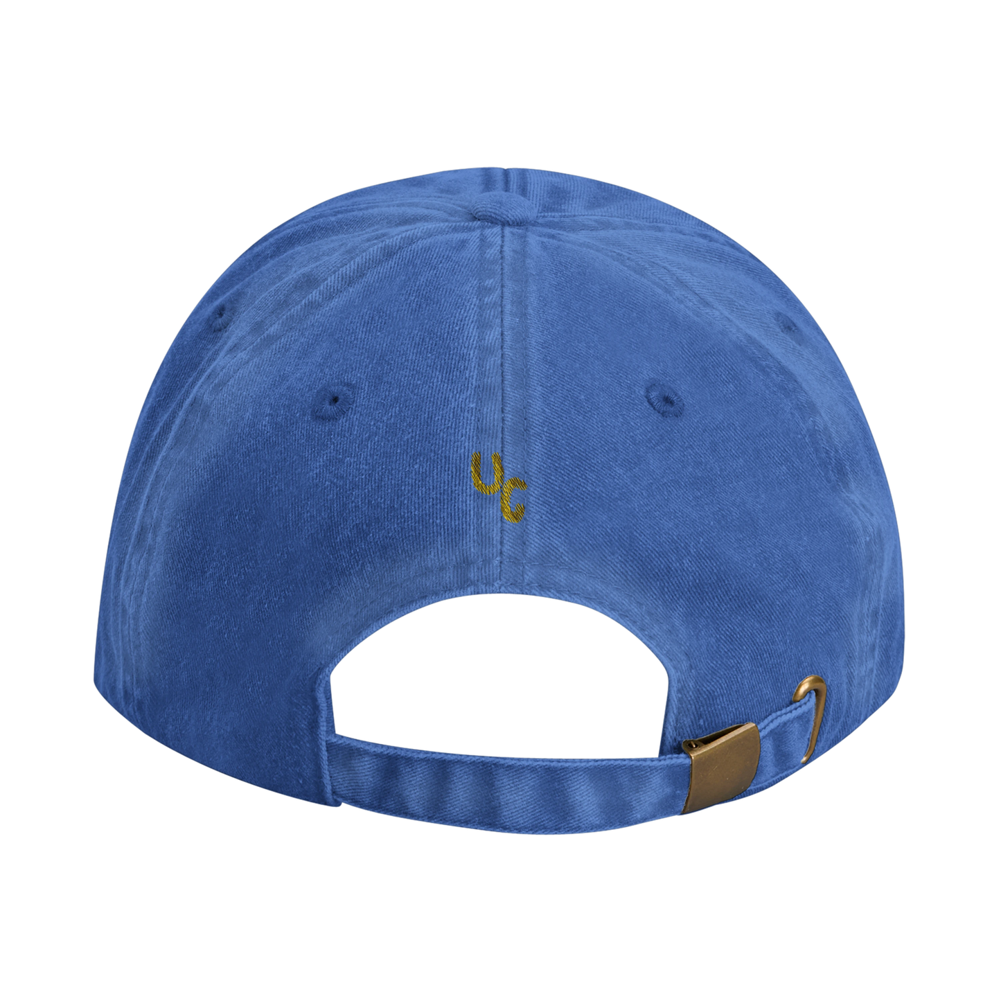 Light Blue baseball cap with yellow gold embroidery that reads 'Stop Dating People Who Don’t Get Your Music' on the front. Casual unisex design. Viral statement. Back view.