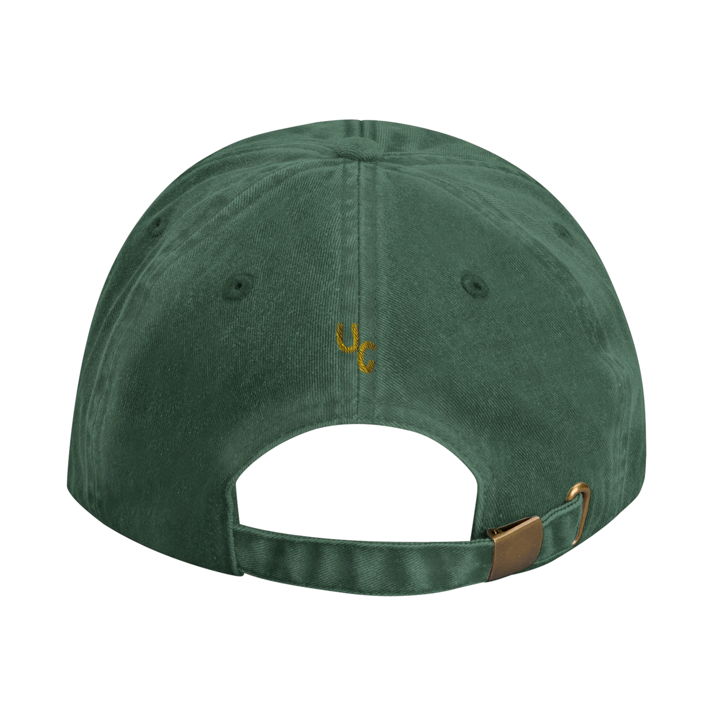 Green baseball cap with yellow gold embroidery that reads 'Stop Dating People Who Don’t Get Your Music' on the front. Casual unisex design. Viral statement. Back view.
