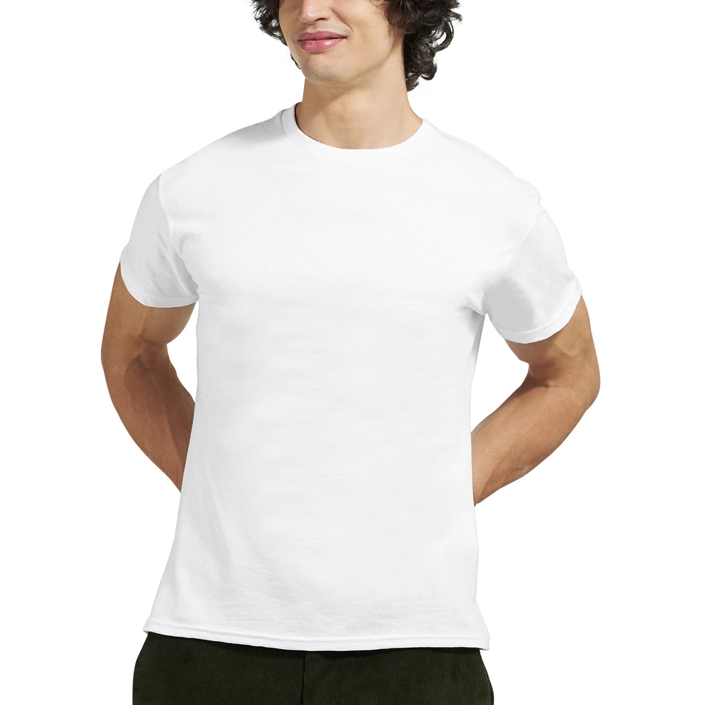 A male model wearing a plain white T-shirt with a classic fit. The T-shirt has a round neckline and short sleeves, fitting snugly around the arms. The model is posing casually with hands behind his back, smiling slightly. The background is plain white.