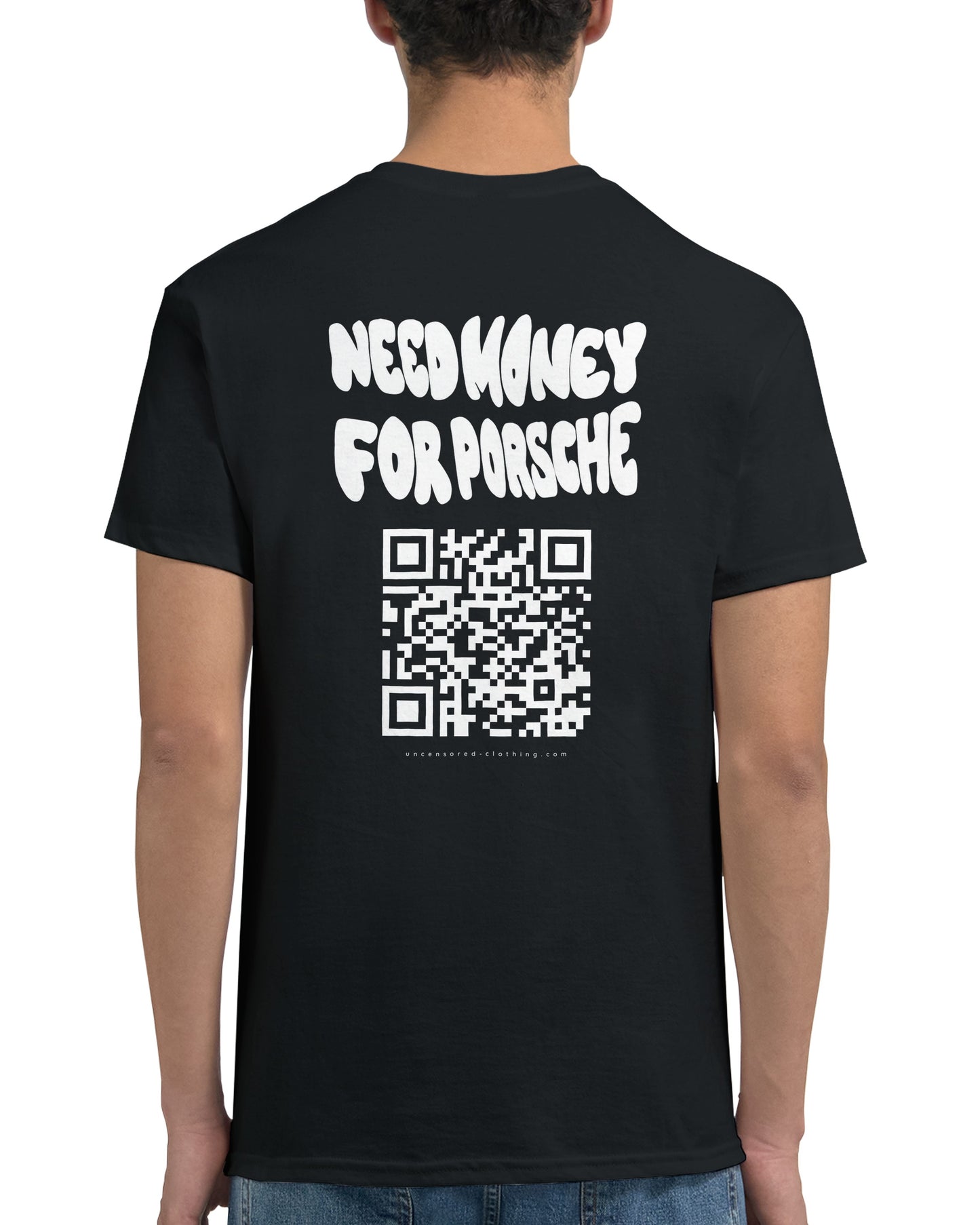Black oversized streetwear shirt with white 'Need Money for Porsche' print and QR code – worn by model, back view
