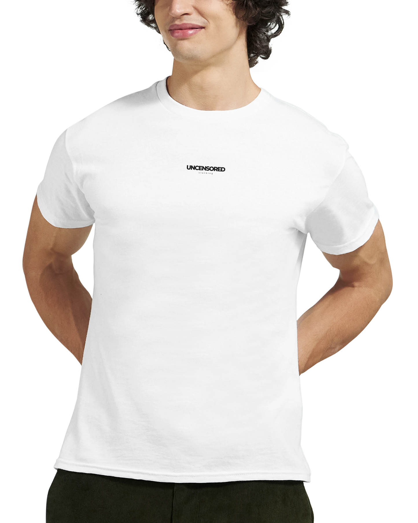 Person wearing a white t-shirt with 'Uncensored' logo on a white background
