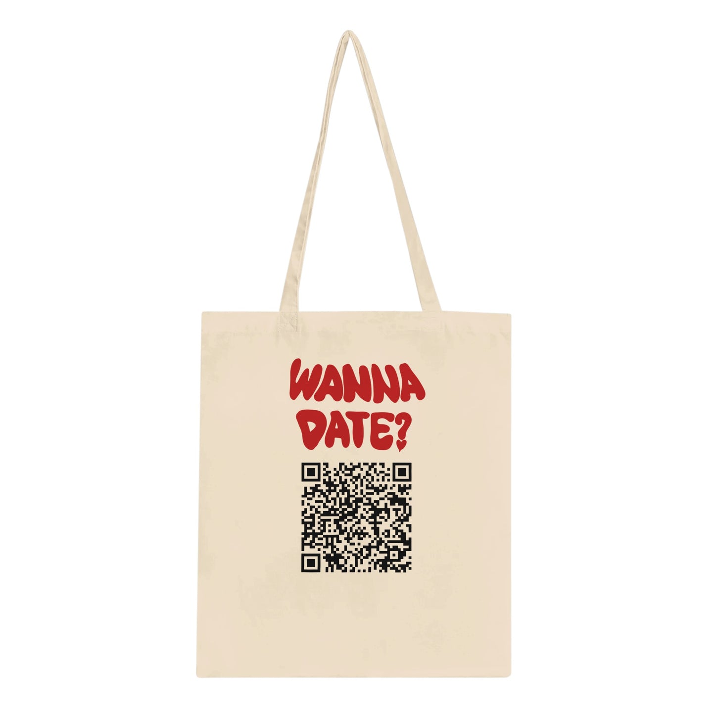 Natural cotton tote bag featuring bold red text "WANNA KISS?" above a black QR code. Stylish, lightweight, and perfect for everyday use.