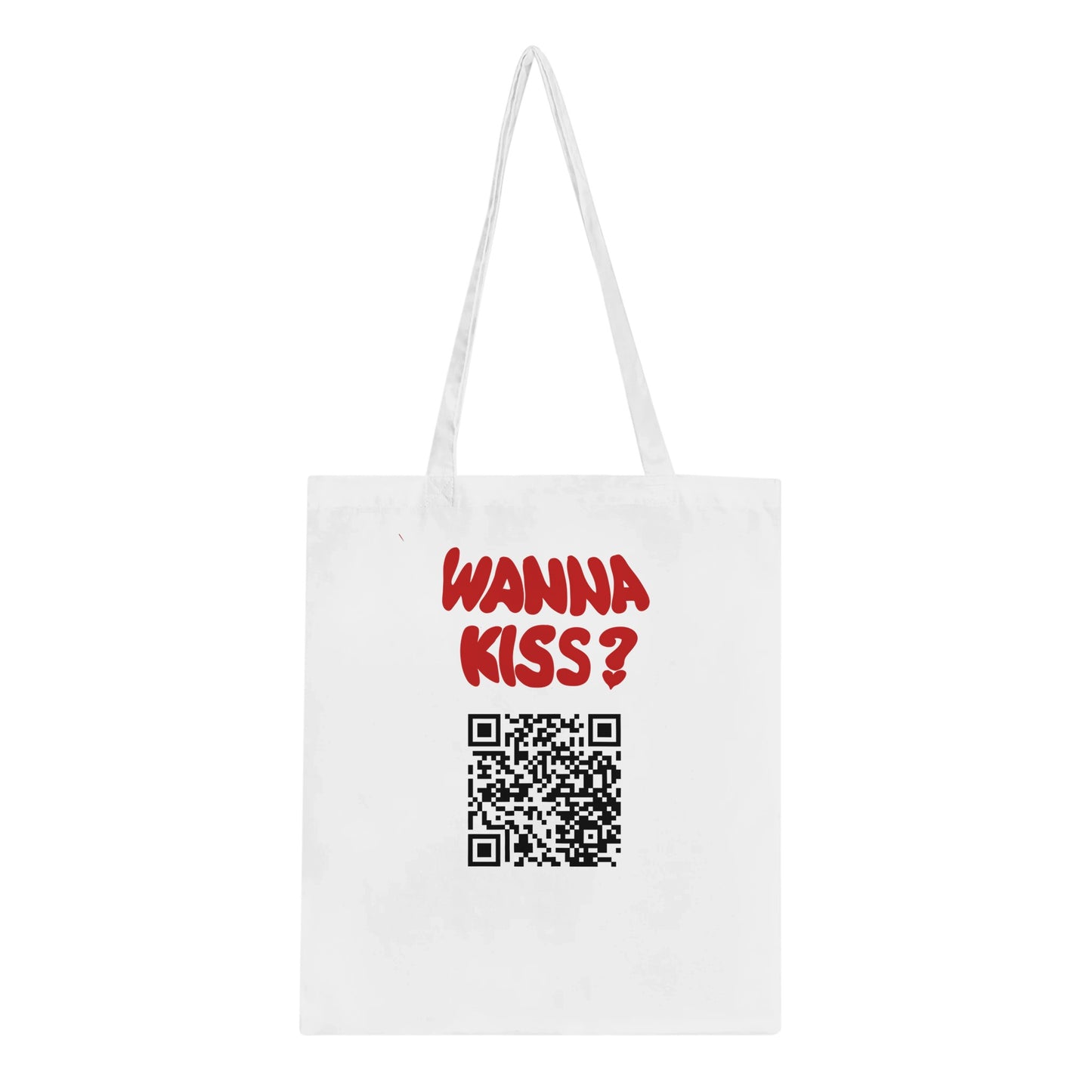 White cotton tote bag featuring bold red text "WANNA KISS?" above a black QR code. Stylish, lightweight, and perfect for everyday use.