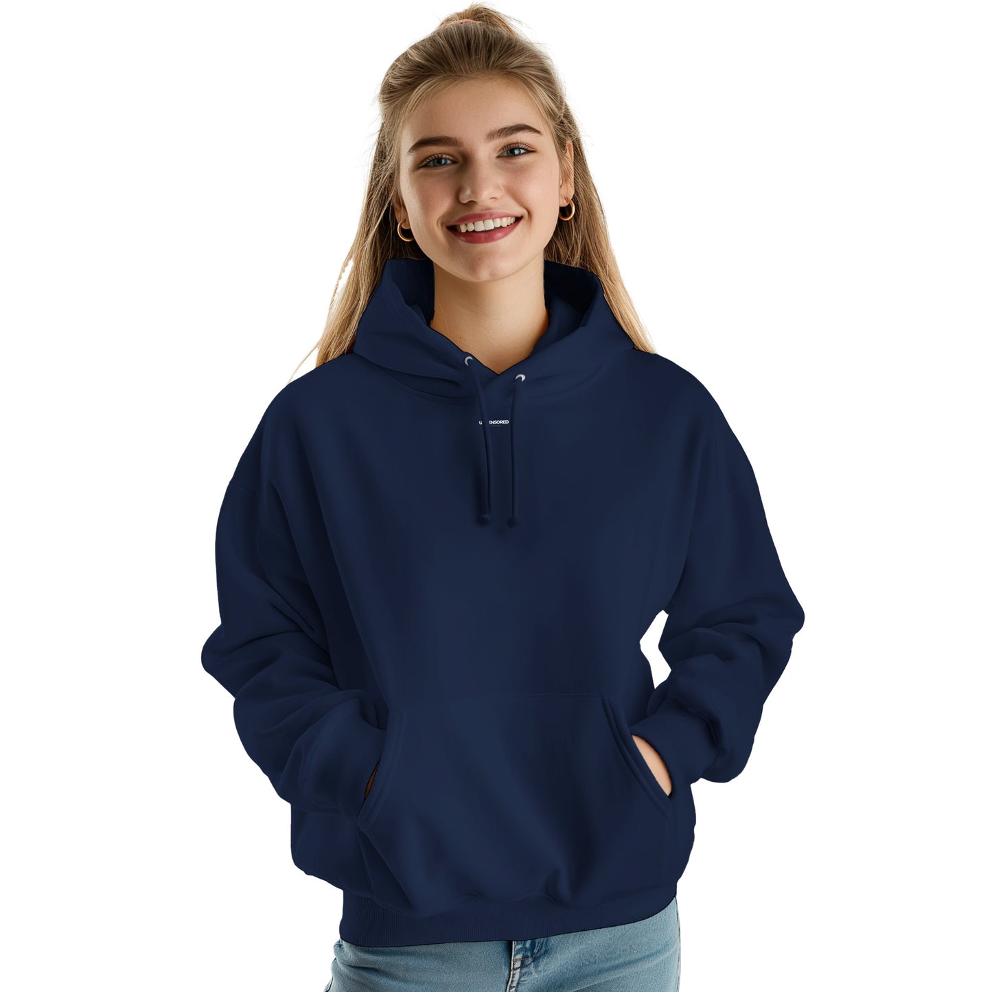 Front view of a navy blue hoodie worn by a smiling female model. The hoodie features a minimalist "Uncensored" logo below the neckline, a drawstring hood, and a spacious front pocket. A cozy and stylish streetwear essential.