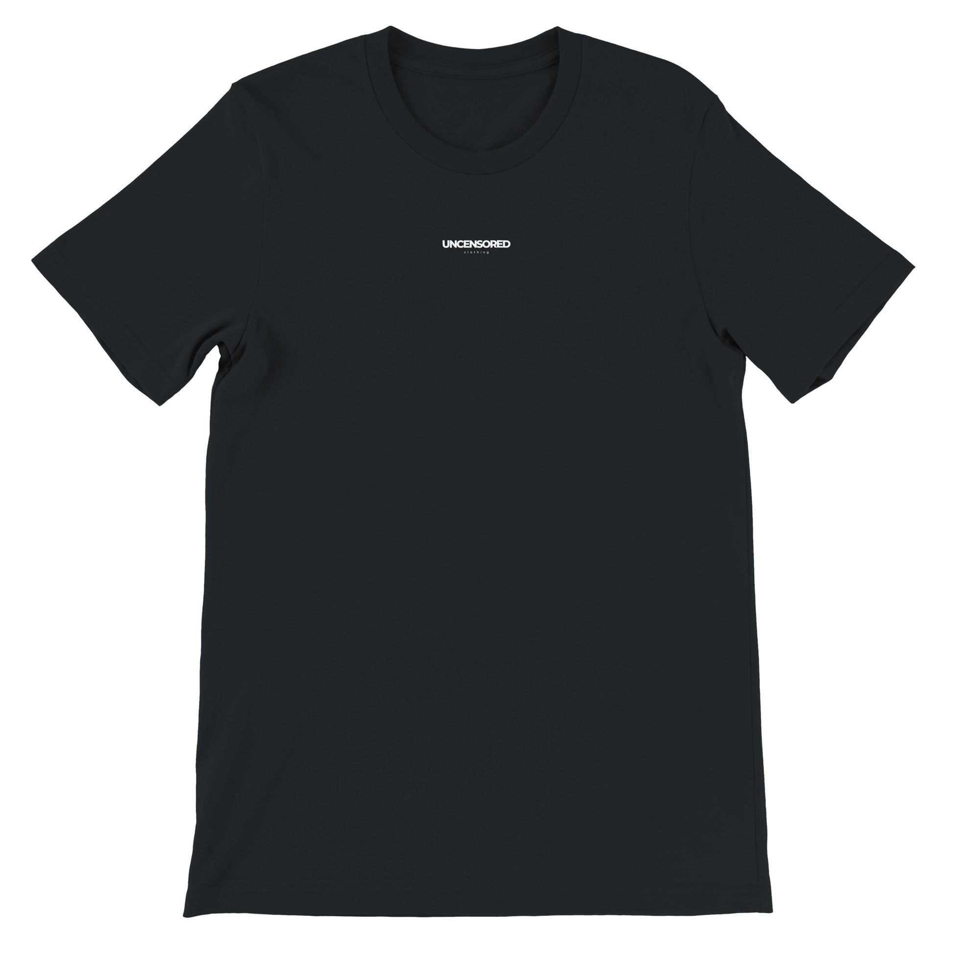 Black t-shirt with a small white logo on a white background