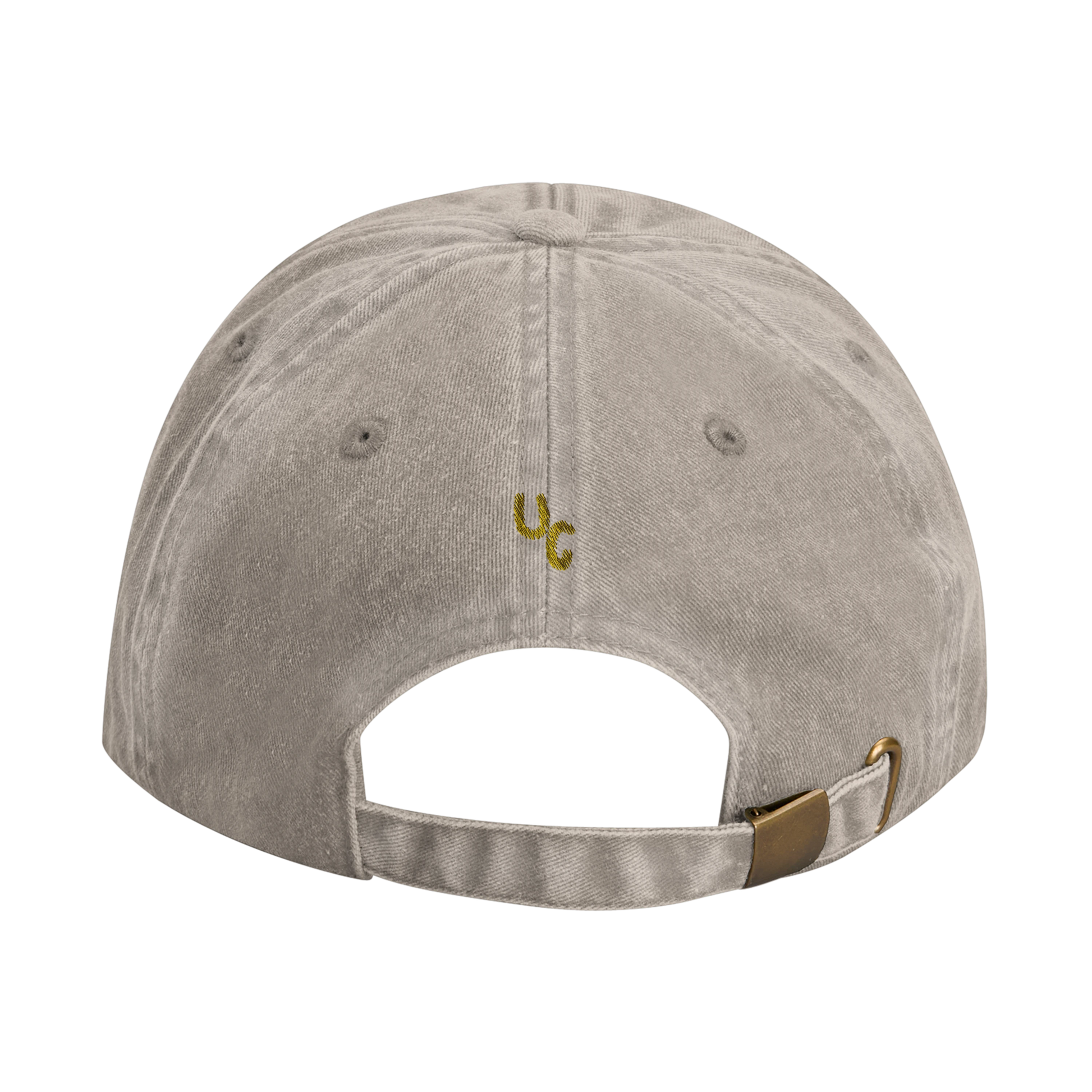 Beige baseball cap with yellow gold embroidery that reads 'Stop Dating People Who Don’t Get Your Music' on the front. Casual unisex design. Viral statement. Back view.