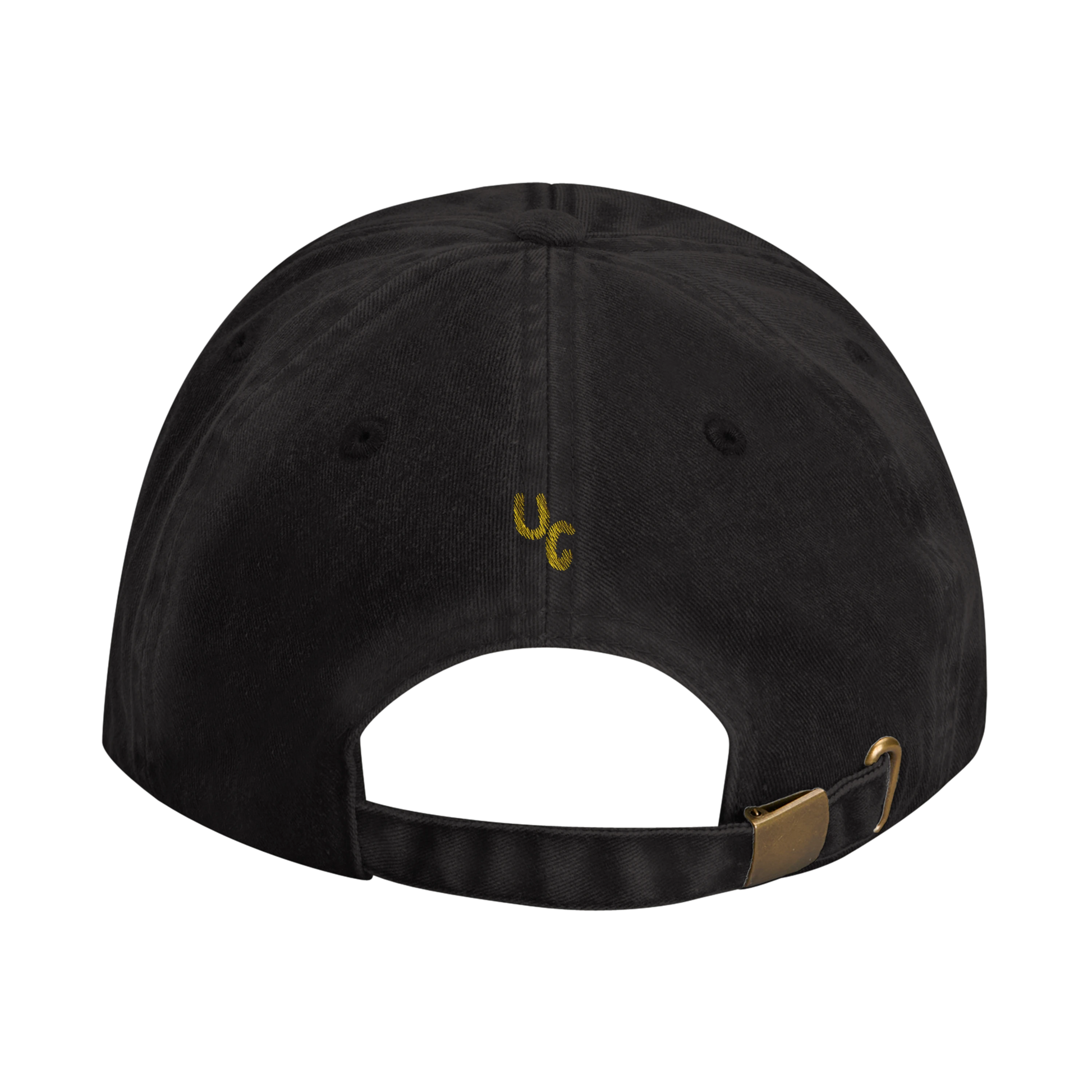 Black baseball cap with yellow gold embroidery that reads 'Stop Dating People Who Don’t Get Your Music' on the front. Casual unisex design. Viral statement. Back view.