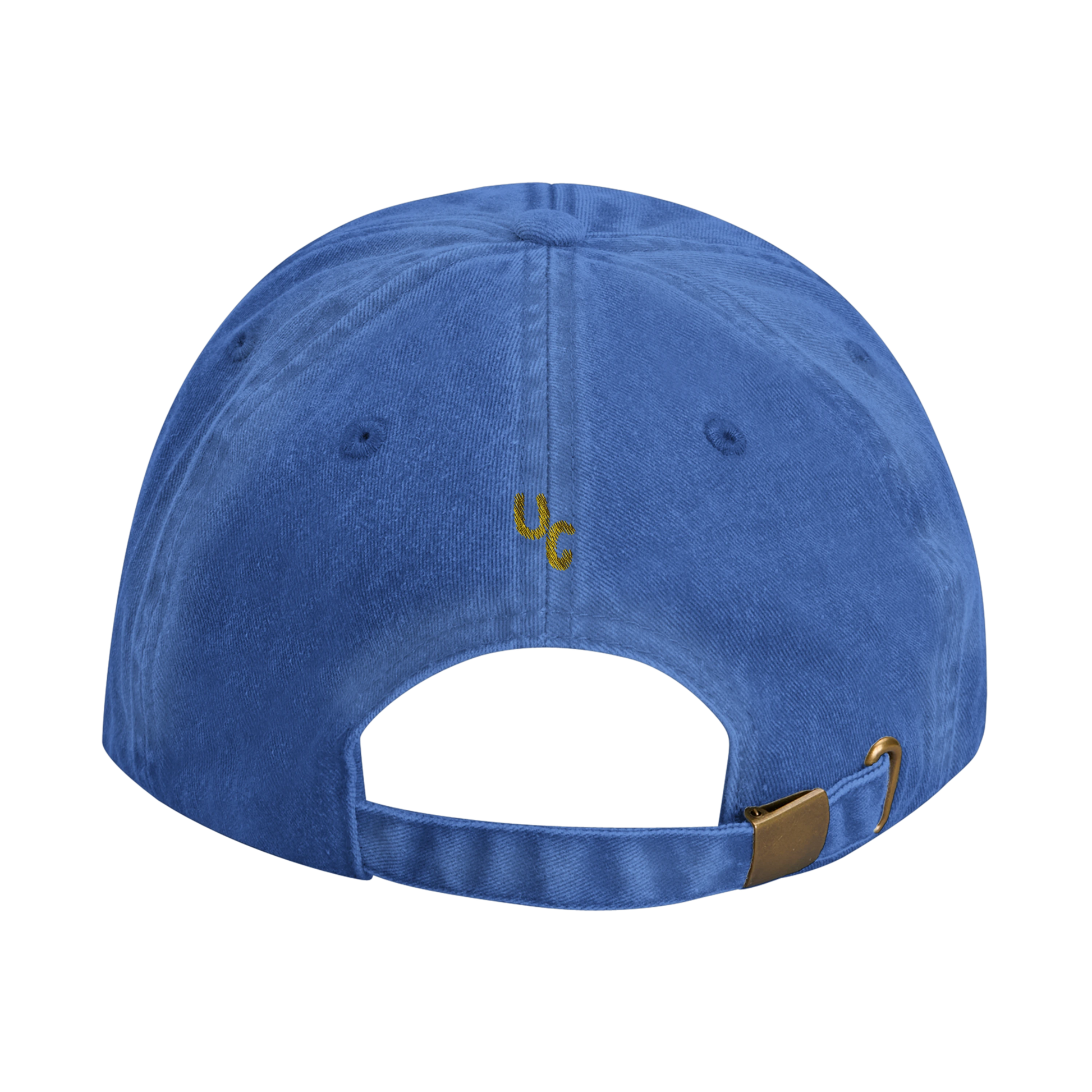 Light Blue baseball cap with yellow gold embroidery that reads 'Stop Dating People Who Don’t Get Your Music' on the front. Casual unisex design. Viral statement. Back view.